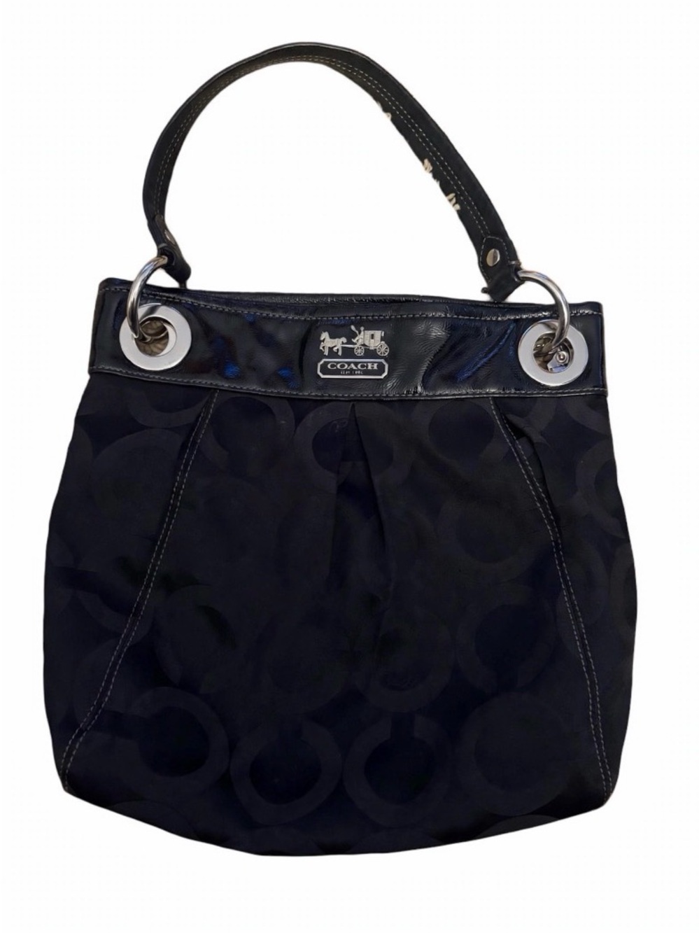 Coach Madison Maggie Hobo Bag 14579 Black Op Art Signature Sateen Patent Trim.